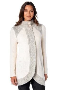 Prana Sz M Angelica Wool Blend Cream W/Gray Trim Large Snap Close 2 Btn Collar